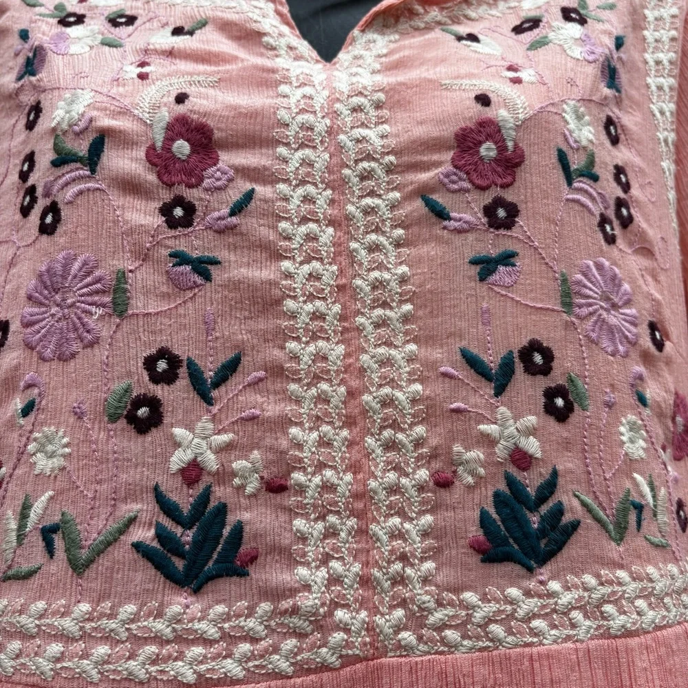 Veveret Embroidered Bohemian Sz L Cottage Prairie Flowy Long Floral Orange Dress